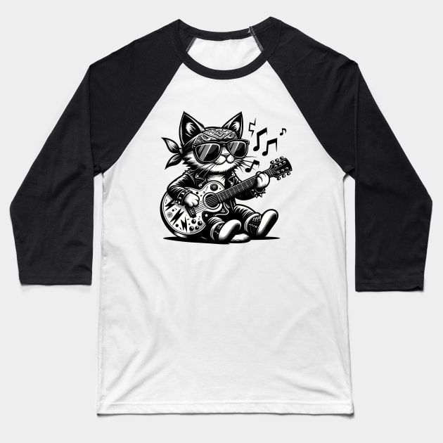 funny Cat Rock Black and White Guitar-Strumming Feline Design Baseball T-Shirt by FestiveFiesta